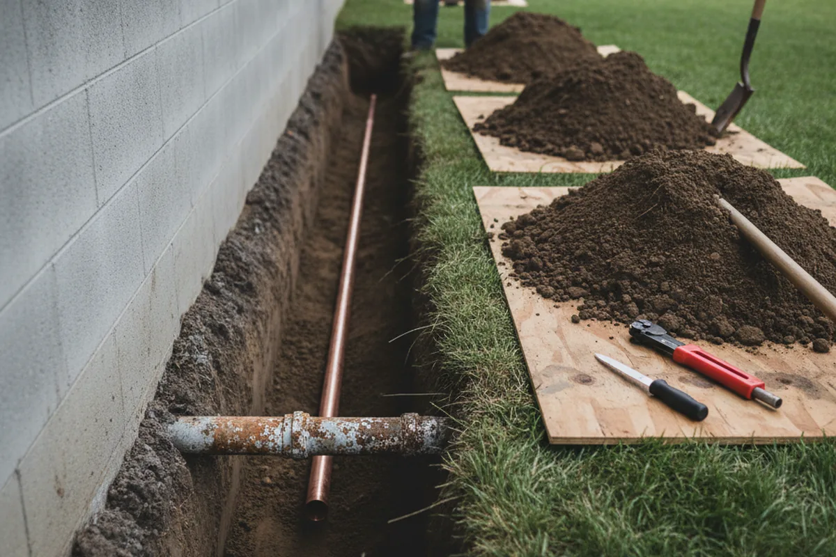 Excavated water line trench during Water Heater Repair in Carmel